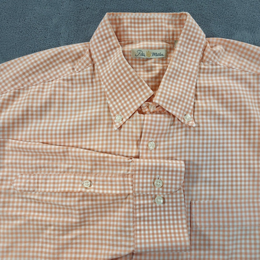 Peter Millar Mens Button Down Shirt XL Orange Gingham Plaid 100% Cotton L/S